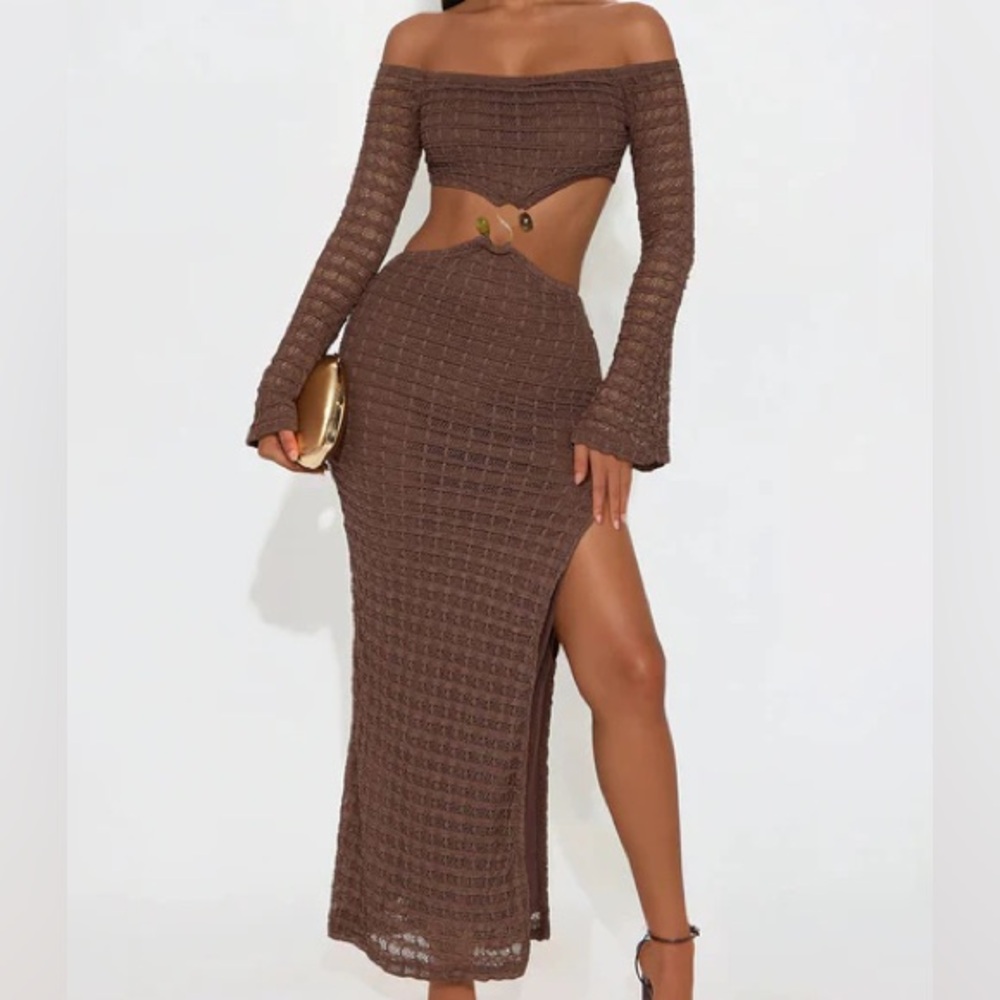 NEW Brown Off-Shoulder Cutout Maxi Dress